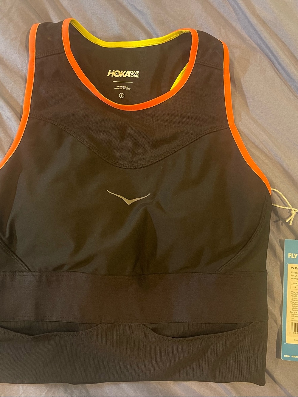 Hoka One Black Crop Running Top with Neon Orange and Yellow Trim, Women’s Small